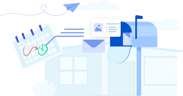 Graphic of a calendar in front of a letter and an ad flying into a mailbox in front of a home