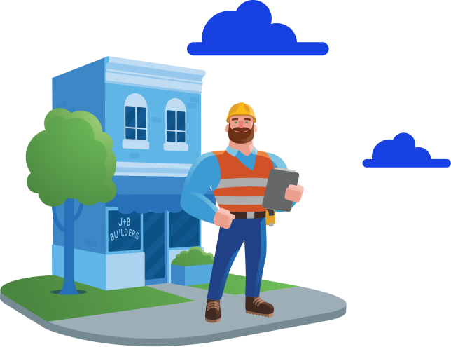 Graphic of smiling business owner, standing in front of his office building