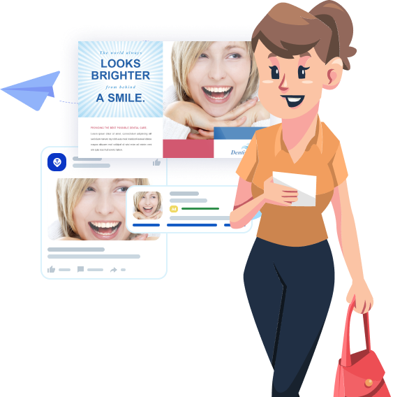 Smiling woman looking at an ad with the ad displayed behind her and a paper airplane flying away from the ad